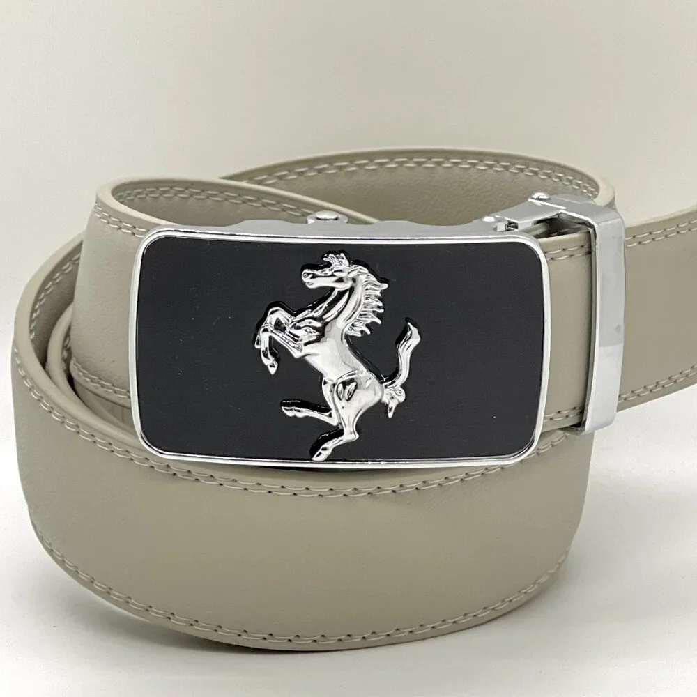 Gray Leather Belt Automatic‎ Buckle Slide Belt NoHole Strep Ratchet Square Horse